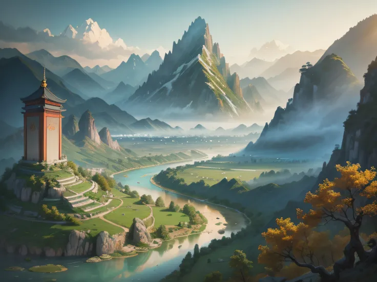 painting of a landscape with a river and mountains in the background,  ancient city landscape, , beautiful rendering of the tang...