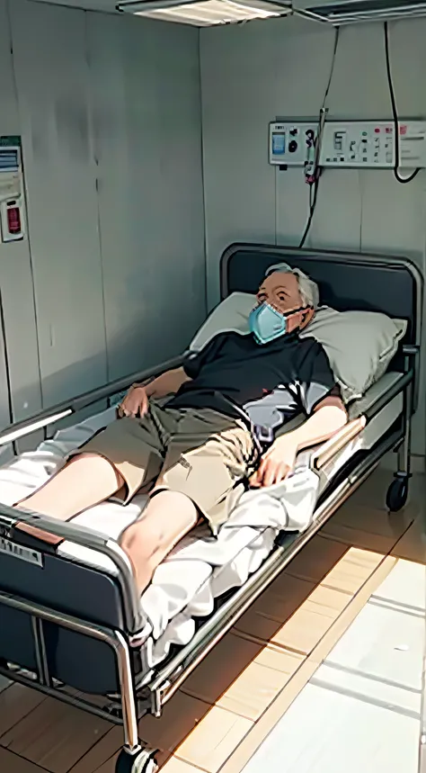 75 year old man very sick and sad alone lying in a hospital bed, wearing an oxygen mask.