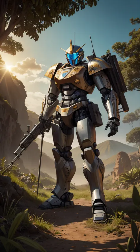 (extremadamente detallado, obra maestra, La mejor calidad, foto antigua, principios de siglo, VHS Aesthetics) Soldado con una robot heavy armor. Armas grandes, cannons on his back. motosierras. pieles de animales. In the middle of a strange jungle. Vegetab...