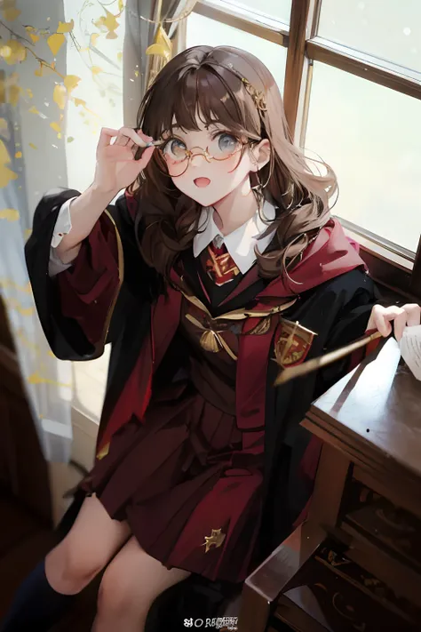 a close up of a woman in a harry potter costume, brown hair, long hair, round circle glasses, magical school student uniform, gryffindor, harry potter style, wearing hogwarts!!! robes!!!, magic school uniform, inspired by Hermione Hammond, hogwarts style, ...