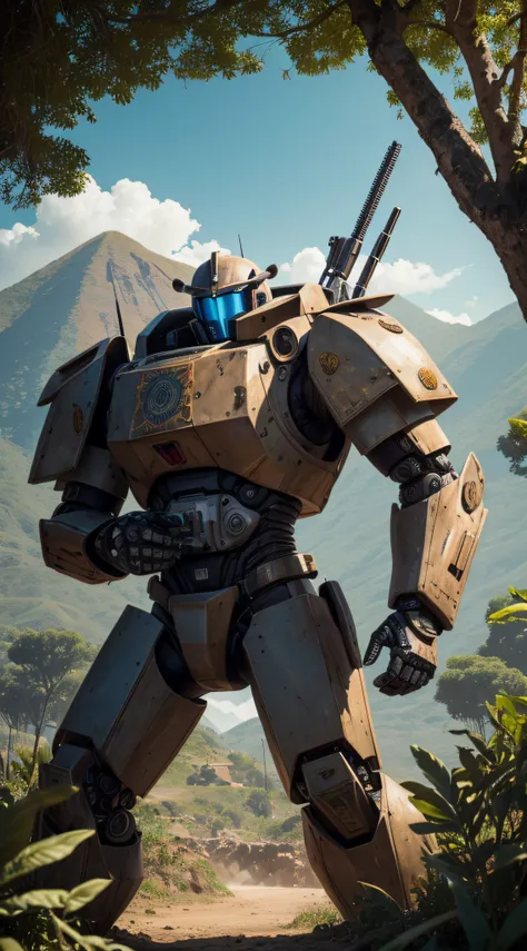 (extremadamente detallado, obra maestra, La mejor calidad, foto antigua, principios de siglo, VHS Aesthetics) Soldado con una robot heavy armor. Armas grandes, cannons on his back. motosierras. pieles de animales. In the middle of a strange jungle. Vegetab...