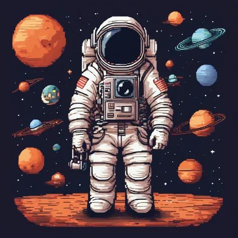 (an astronaut),(holding a vintage camera),(surrounded by planets),(pixel art),(best quality,4k,8k,highres,masterpiece:1.2)