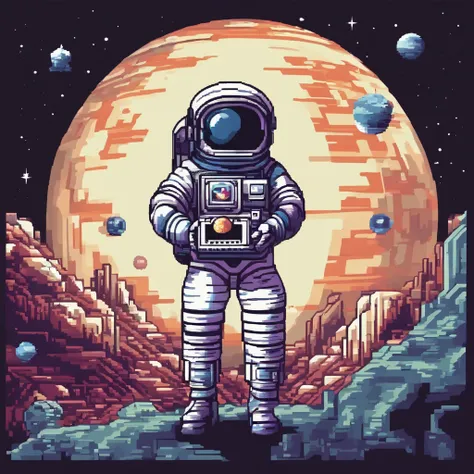 (an astronaut),(holding a vintage camera),(surrounded by planets),(pixel art),(best quality,4k,8k,highres,masterpiece:1.2)