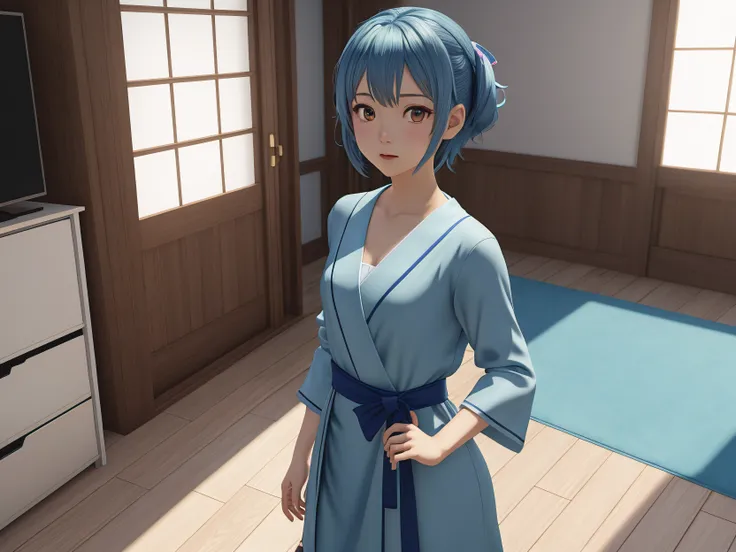 Anime girl in blue dress standing in living room, realistic anime 3 d style, Smooth Anime CG Art, sayori, loli in dress, anime vtuber full body model, With short hair, realistic young anime girl, live2d virtual youtuber model, cloth sim, visual novel cg, w...