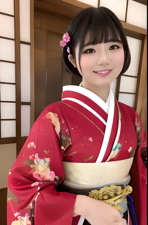 Digital portrait of Japan short-haired woman, Beautiful face,hair messy,Convoluted, Cinematic, unreal enginee 5, a gorgeous, Incredible color grading, Kimono,Japanese dress,Hakama, Photography, cinematic photography, art by、ssmile