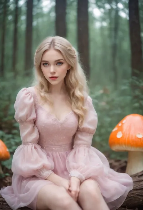 Light blonde-haired anime girl with pale blue purple eyes wearing a pink dress with puffed sleeves and knee-length white boots sitting in the woods next to an orange mushroom surrounded by fireflies under a seated starry sky