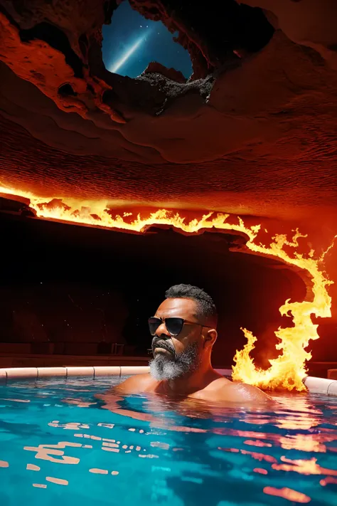 guttoepic2, "an individual wearing sunglasses inside a pool filled with volcanic lava instead of water. the sky above is tinted ...