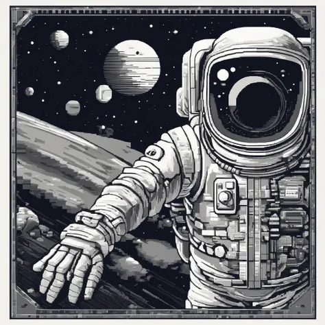 Black and white tone pixel art, astronaut holding a vintage camera, surrounded planets