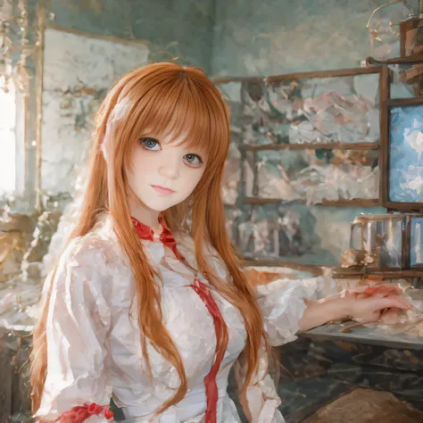 there is a young anime girl with long red hair and white shirt posing in a room, seductive anime girl, painted in anime painter studio, ecchi anime style, smooth anime cg art, anime girl with long hair, visual novel cg, semi realistic anime, red waist-long...