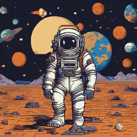 (an astronaut),(holding a vintage camera),(surrounded by planets),(pixel art),(best quality,4k,8k,highres,masterpiece:1.2)