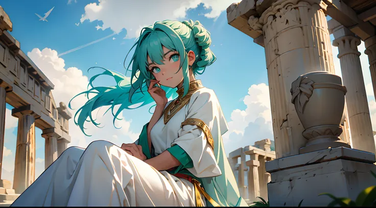 1 short girl, light cyan haired, dark green eyes, wearing ancient greek clothes 2000 bce, on a cloud