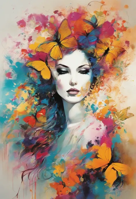 caos, elegante, vivid colors, arte por Anne Bachelier, Atmospheric, a girl, elegante, Borboletas, flores florescendo, em movimento, Dramatic, corpo inteiro, organic composition