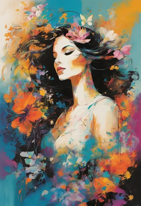 caos, elegante, vivid colors, arte por Anne Bachelier, Atmospheric, a girl, elegante, Borboletas, flores florescendo, em movimento, Dramatic, corpo inteiro, organic composition