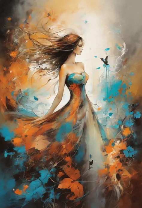 caos, elegante, vivid colors, arte por Anne Bachelier, Atmospheric, a girl, elegante, Borboletas, flores florescendo, em movimento, Dramatic, corpo inteiro, organic composition