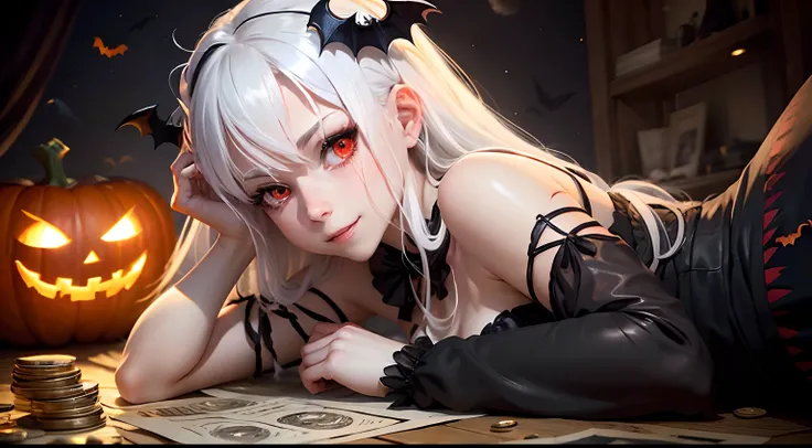 best quality, white hair, red eyes, looking up, upper body, hair strand, Fair skin, smiling, Halloween costume, the bats, lie down, Banknotes and coins are scattered