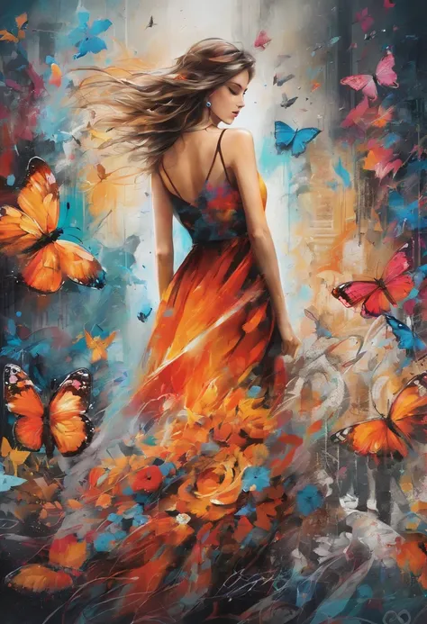 (best quality,4k,8k,highres,masterpiece:1.2),ultra-detailed,(realistic,photorealistic,photo-realistic:1.37),caos, elegant, vivid colors,graffiti profissional, Anne Bacheliers art, atmospheric, an elegant girl, Butterflies, blooming flowers, in motion, dram...