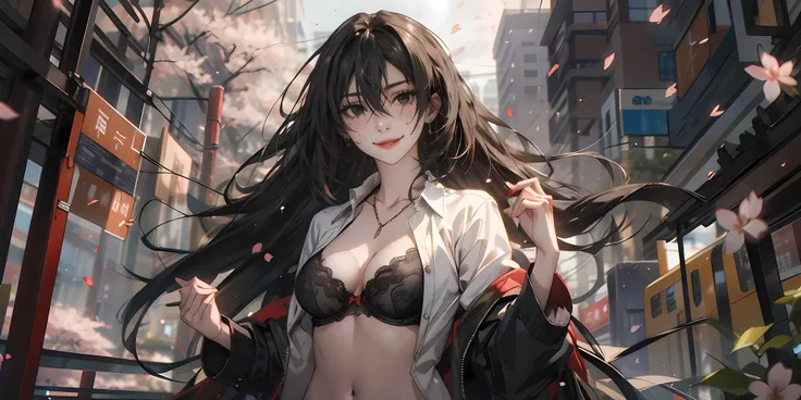 KirukiruAmou, (black hair, long hair, black eyes:1.4), petals, 1girl, underwear, long_hair, bra, breasts, black_hair, black_bra, open_clothes, solo, open_shirt, cleavage, smile, jewelry, black_eyes, shirt, medium_breasts, very_long_hair, upper_body, looki...