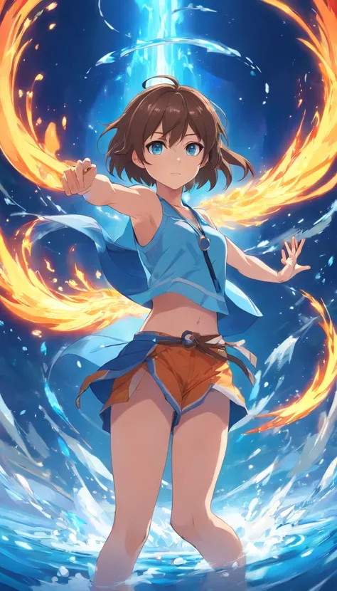 Dynamic angle, ((Full body posing:1.5), (colorful:1.2), (extremely detailed CG unity 16k wallpaper:1.1), (Denoising strength: 1.45), (tmasterpiece:1.37), ((official art)), male boy, solo, staff, midriff, fire, magic, long hair, brown hair, navel, muscle bo...