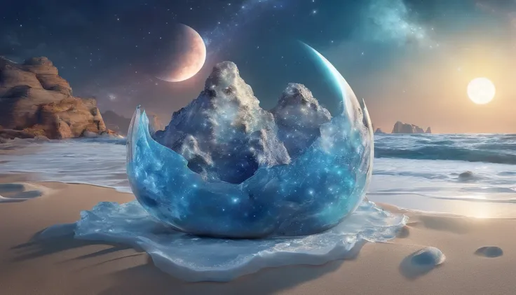 huge planet, the night, starrysky, surrealism, masutepiece, hight resolution、Impressive Milky Way、sand beach、Blue Sea、Jewelry Ice