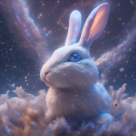 (Best quality,4K,8K,A high resolution,Masterpiece:1.2),Ultra-detailed,(Realistic,Photorealistic,photo-realistic:1.37),galaxias, spirals, space, Starcloud, stars, Smoke, glitters, intricately details, (The shape of a white rabbit), brilliant colorful，render...