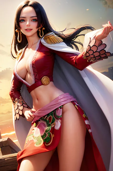 (masterpiece, best quality:1.2), cowboy shot, solo, 1girl, boa hancock, smile, looking at viewer, hand on hip, cape, epaulettes, cleavage, jewelry, earrings, midriff