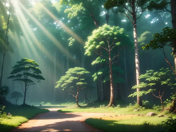 超高分辨率，Animation style，rays of sunshine，Pristine forest，Big scene rainforest，dream magical，Tall trees，rios，Kebuli style