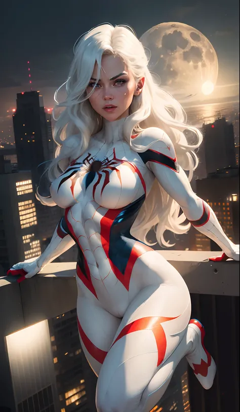 (Masterpiece, 4k resolution, ultra-realistic, very detailed), (White superhero theme, charismatic, theres a girl on top of town, wearing Spider-Man costume, shes a superhero), [ ((25 years), (long white hair:1.2), full body, (blue eyes:1.2), ((Spider-Man p...