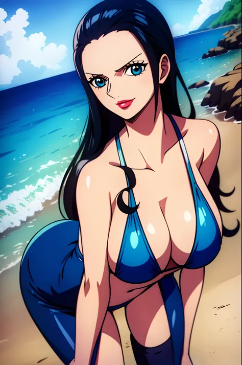 Nico Robin from One Piece wearing a bikini and standing on the beach, happy face, Shiny white skin, sexy position, blue eyes, high quality eyes, Puffy red lips, High quality lips, big ass, big tits, Best Quality.