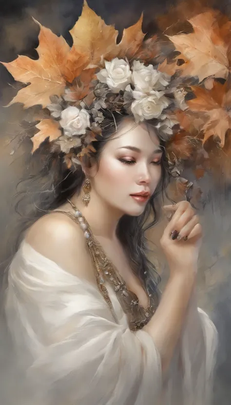 White face and white head，Asian woman holding microphone singing，Autumn leaves， beautiful fantasy portrait, beautiful fantasy art portrait, Beautiful surreal portrait, fantasy portrait, fantasy art portrait, detailed matte fantasy portrait, portrait of a d...