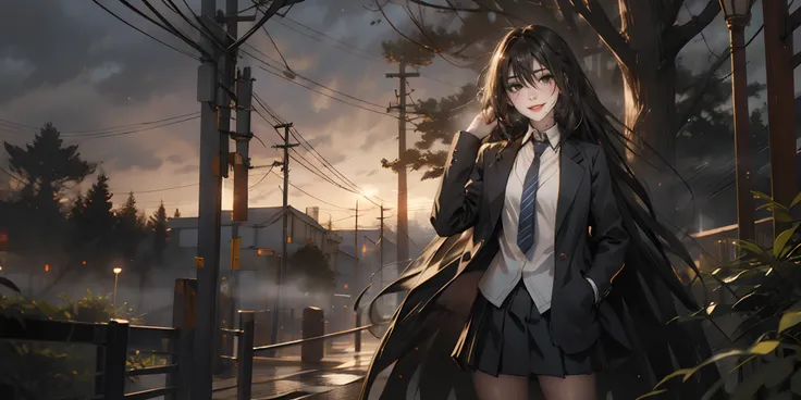 kirukiruamou, (black hair, long hair, black eyes:1.4), 1girl, skirt, long_hair, necktie, black_hair, power_lines, blue_eyes, sol...