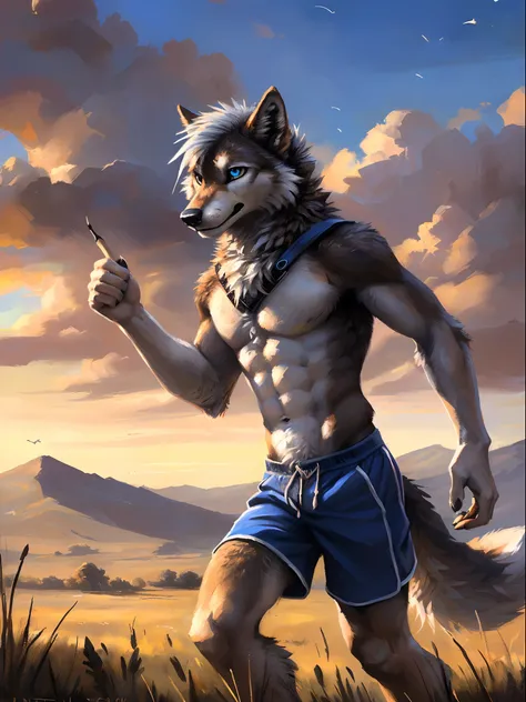 ((Solo)), male people, anthro wolf, (Multi-colored fur, White-brown:1.3), ((Wolf face, White hair, Big eyes, White eyelids, Blue pupil, Slim:1.2) (Tough, Calm expression:1.2)), Abs, Slim, pinging)), (Correct anatomy), (Work shorts:1.1), (Contour bone:1.2),...