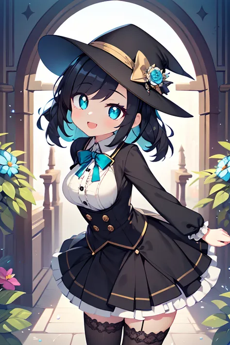 Highly detailed and realistic CG, Colorful , Masterpiece, Best Quality, 1girl, solo, loli, petite, child, 10 years old, black hat, gothic, long sleeves, collared shirt, frill, buttons, aqua flower, jewel, skirt, aqua ribbon, thigh highs, gothic school unif...