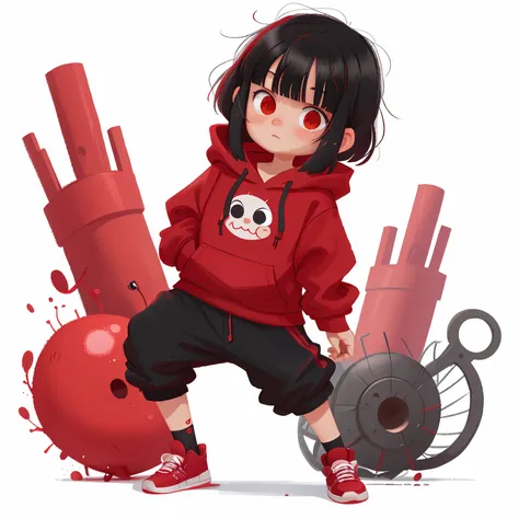 A  girl, black  hair, red bangs in one eye, red hoodie, black pants, One leg in wounds, black sneakers, mesh on one leg