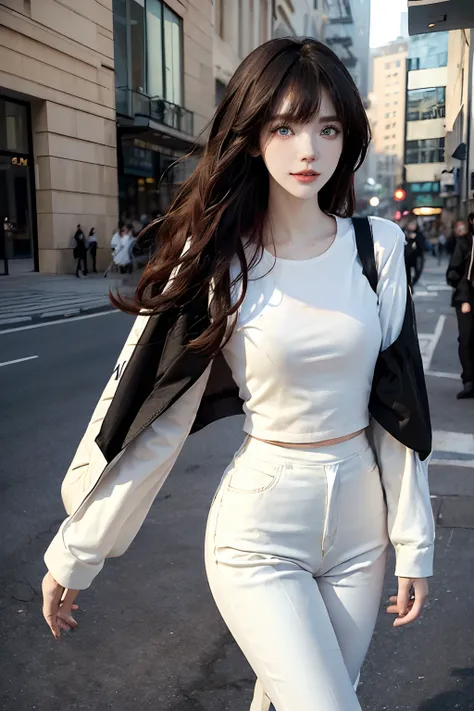 ((4K works))、​masterpiece、(top-quality)、1 beutiful girl、Slim body、tall、((Black Y-shirt and white pants、Attractive streetwear and black bags))、(Detailed beautiful eyes)Night city、Taking a walk in a fashionable city、((Face similar to Carly Rae Jepsen))、((Lon...