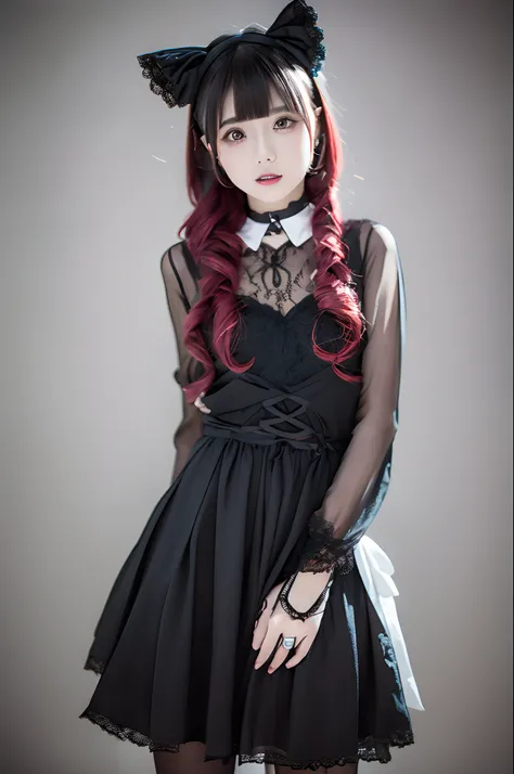 parfect anatomy、top-quality、masuter piece、ultra-detailliert、8ｋ、Correct depiction of the human body、Full Body Angle、Delicately drawn face、Woman with a pretty face、Gothic Lolita Fashion、Black Gothic Lolita Fashion、Black and white costume、Red big hair ornamen...