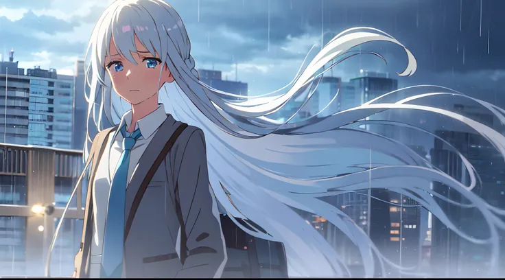 masterpiece, best quality, 1girl, solo, very long hair, white hair braided, blowing hair, crying, light blue eyes, sky, rain, transparent white shirt, blue necktie, sacks on chest, wet, close up, look at viewer, city