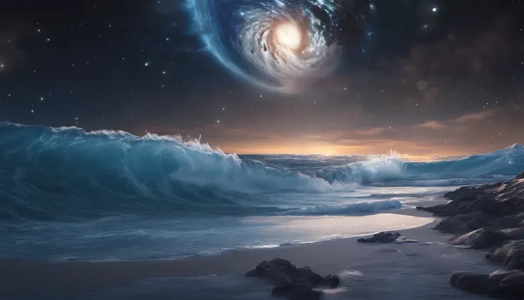 huge planet, the night, starrysky, surrealism, masutepiece, hight resolution、Impressive Milky Way:1.9、sand beach、Blue Sea、drift ice、lightning