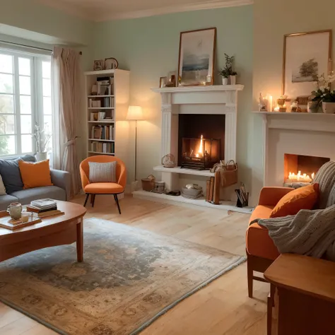 "Imagine a cosy living room during twilight. Soft blue curtains sway gently with the breeze, a plush green rug lies underfoot, and white candles flicker on a wooden table. A pronounced glow emanates from a fireplace, casting a warm light. Yellow cushions a...