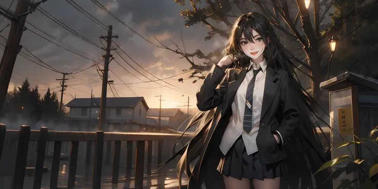 kirukiruamou, (black hair, long hair, black eyes:1.4), 1girl, skirt, long_hair, necktie, black_hair, power_lines, blue_eyes, sol...