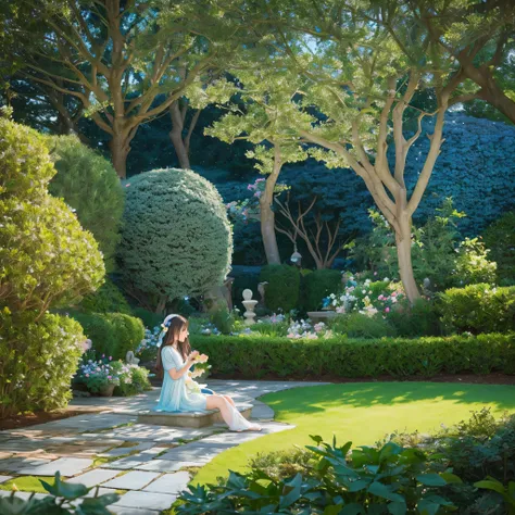 "Picture a tranquil garden at dusk. The sky painted in hues of blue, green shrubs and plants dotting the landscape, and white fairy lights hanging from the trees. The entire scene is bathed in a strong, magical glow. In the midst of this, a character sits ...