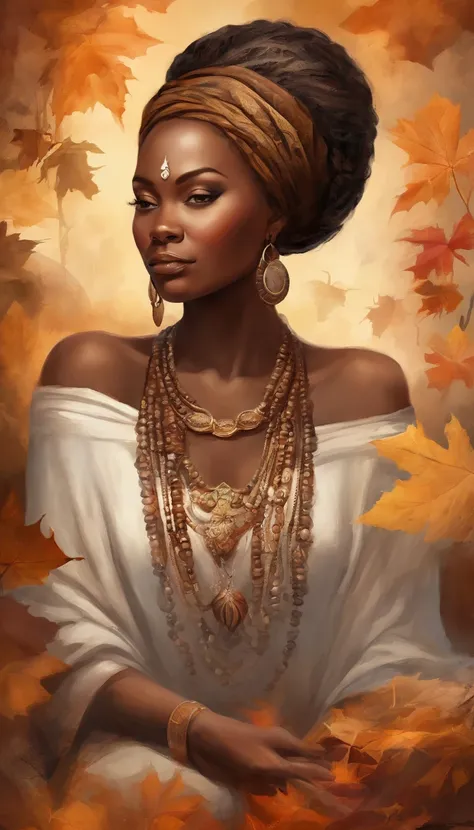 Ebony face and brown head，African woman sitting in lotus position meditating ，Autumn leaves， beautiful fantasy portrait, beautiful fantasy art portrait, Beautiful surreal portrait, fantasy portrait, fantasy art portrait, detailed matte fantasy portrait, po...