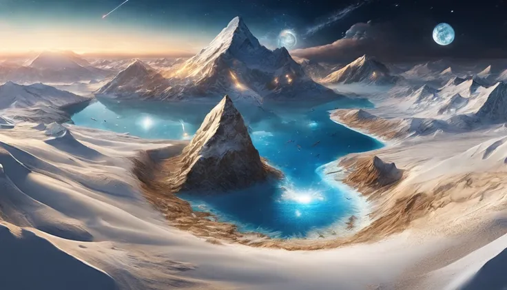 huge planet, the night, starrysky, surrealism, masutepiece, hight resolution、Impressive Milky Way:1.9、sand beach、Blue Sea、drift ice、lightning bolt:1.9、snow mountains、Mount Everest