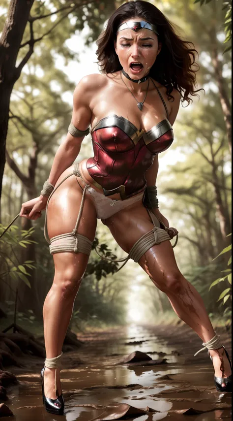 ((corpo inteiro, bottom view)), ((she's in a forest)), (wonder woman is wearing a ring gag head harness), (she's wearing stilett...