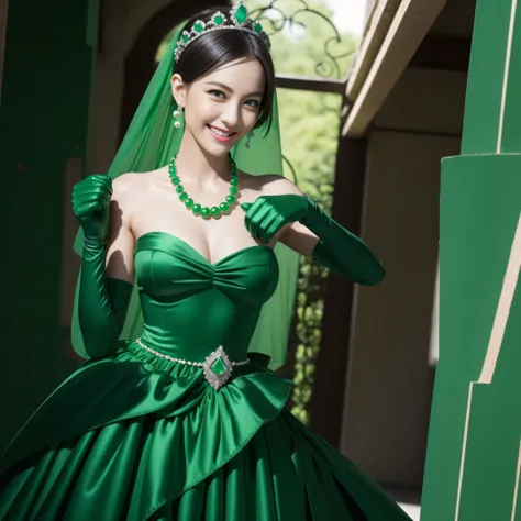 emerald tiara, Green Pearl Necklace, Boyish very short green hair, lipsticks, Japan woman smiling, very short short hair, fist, big breasts beautiful, Green eyes, Long green gloves made of satin material, Green eyes, Emerald Earrings