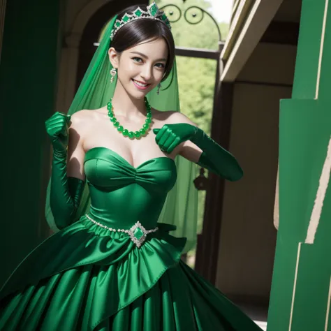 emerald tiara, Green Pearl Necklace, Boyish very short green hair, lipsticks, Japan woman smiling, very short short hair, fist, big breasts beautiful, Green eyes, Long green gloves made of satin material, Green eyes, Emerald Earrings