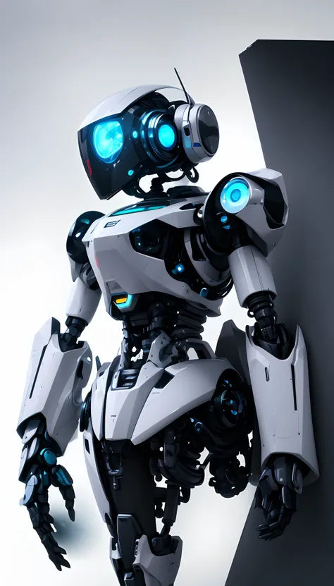 whole body view, CCTV head camera, senso de tecnologia, c4d, renderizador OC, Motor irreal, High detail, desenho industrial, HD 8K, studiolight, retroA closeup of a robot with a blue light on its head, robotic bionic technical, futuristic robot, cute robot...