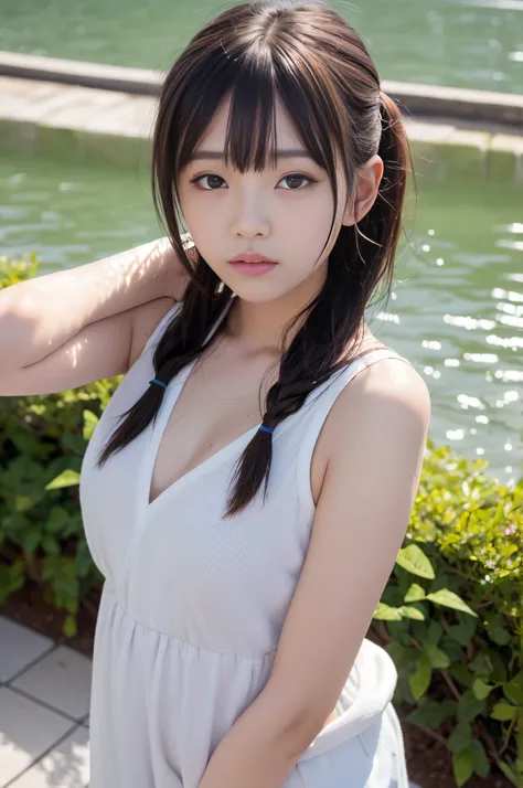 (in 8K、Raw photography、top-quality、​masterpiece)、(realisitic、Photorealsitic)、1girl in、A Japanese Lady、18year old、((swim wears))、(Highly detailed facial and skin texture:1.3)、Detailed lips、(skinny  body:1.3)、(thin arm:1.3)、(A detailed eye、Sareme)、(shinny sk...