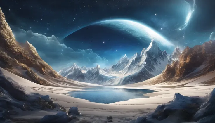 huge planet, the night, starrysky, surrealism, masutepiece, hight resolution、Impressive Milky Way:1.9、sand beach、Blue Sea、drift ice、lightning bolt:1.9、snow mountains、Mount Everest