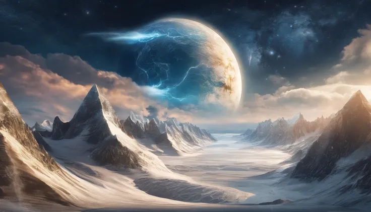 huge planet, the night, starrysky, surrealism, masutepiece, hight resolution、Impressive Milky Way:1.9、sand beach、Blue Sea、drift ice、lightning bolt:1.9、snow mountains、Mount Everest