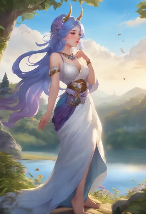 ((1girl, solo)),masterpiece, best quality, portrait, ultra-detail, illustration, close-up, gorgeous background, straight shot, blue hair, purple eyes, ((focus on face)), looking into the distance, forest, sun, wind, butterfly, studio lighting, yokozuwari, ...